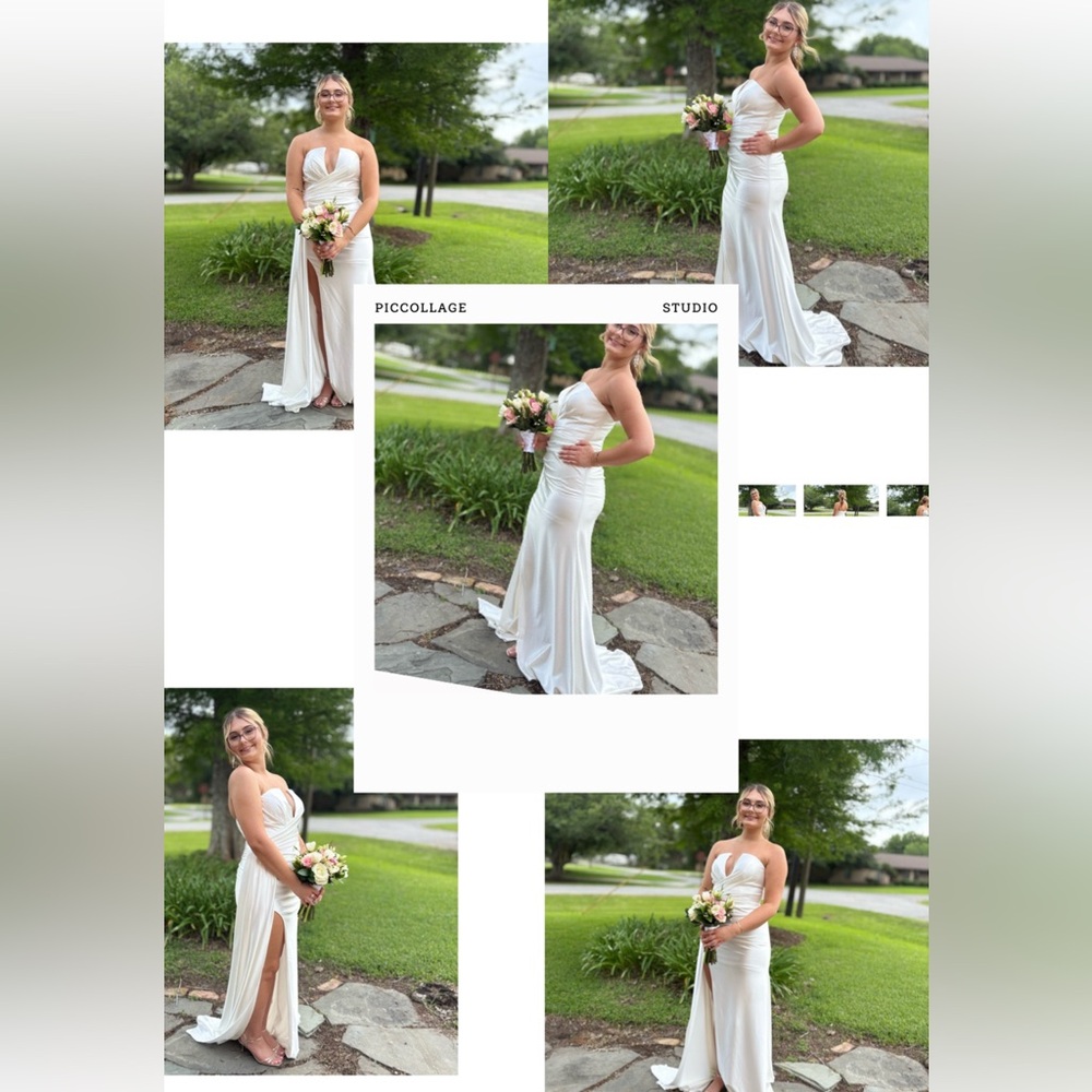 PROM WEDDING BALL FORMAL SILKY ELEGANT WHITE STRAPLESS PLUNGE TRAIN SLIT GOWN 6